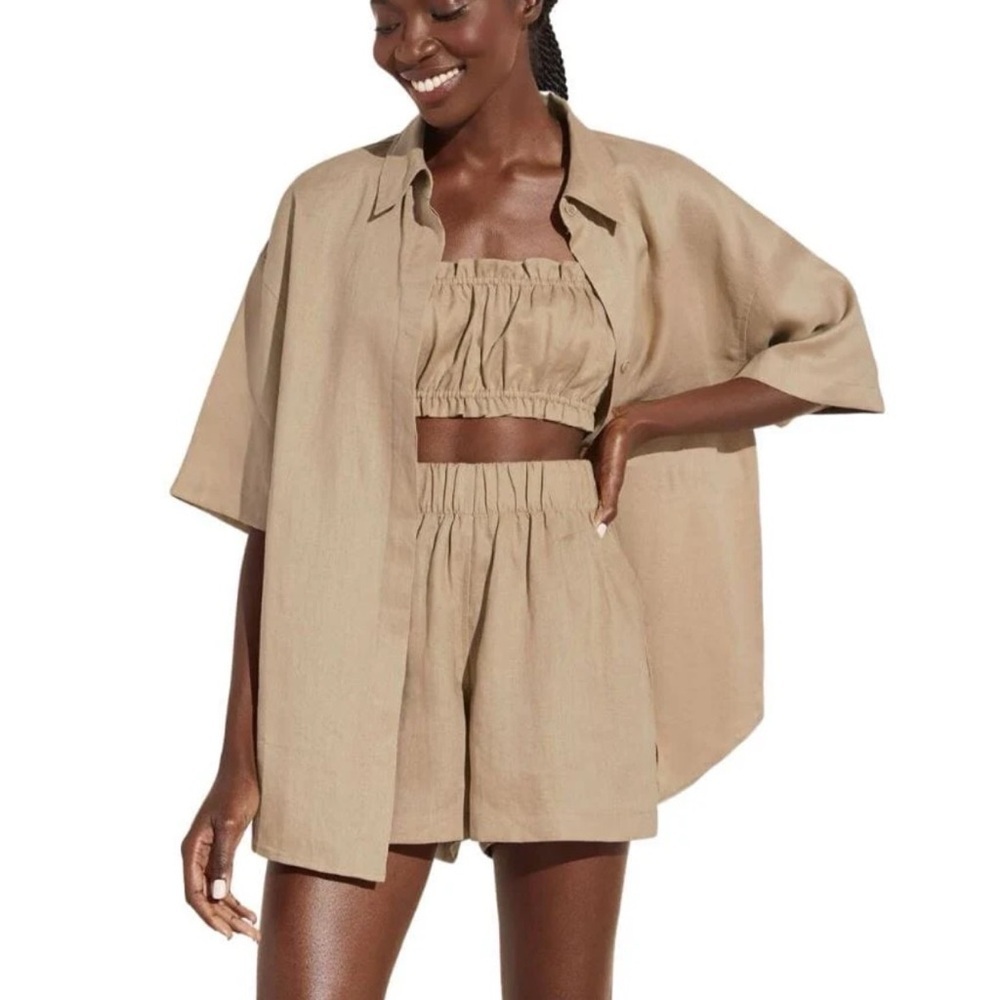 Eberjey Tan Linen Oversized Button Down Shirt Medium Minimalist Summer - Picture 2 of 8